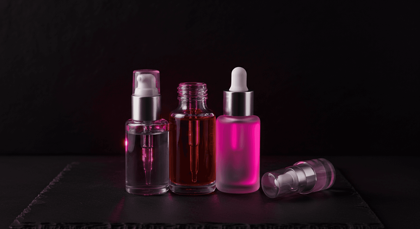 아데노신 함유 프리미엄 스킨케어 세럼 제품 배열, 다크 슬레이트 배경