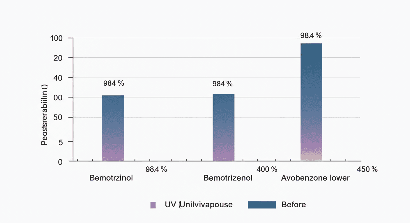베모트리지놀 첨가 농도에 따른 아보벤존 광분해 억제율 실험 결과 그래프 (30MED 조사 후 UVA 흡수 스펙트럼 비교)