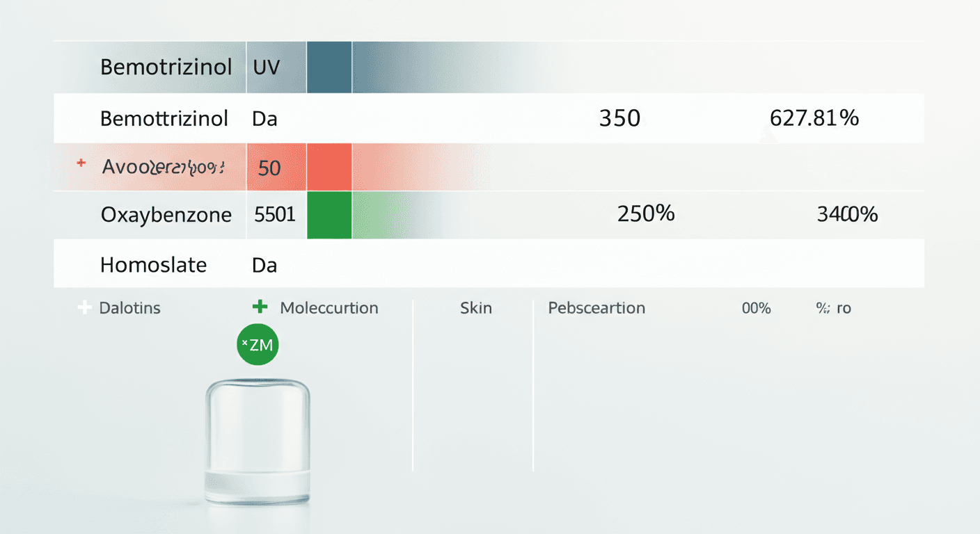 유기 UV 필터별 분자량 및 경피 흡수율 비교 테이블 인포그래픽 (베모트리지놀, 아보벤존, 옥시벤존, 호모살레이트 비교)