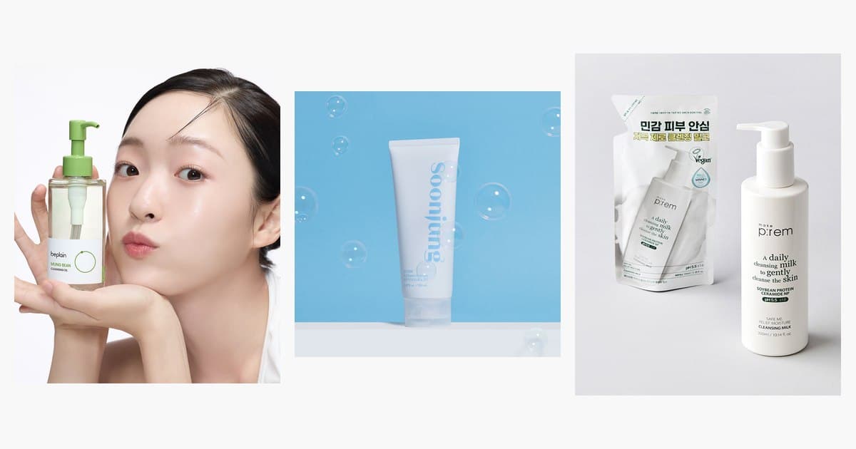 클렌징 오일, 밀크, 폼 세 가지 제형을 나란히 배치한 제품 촬영 이미지