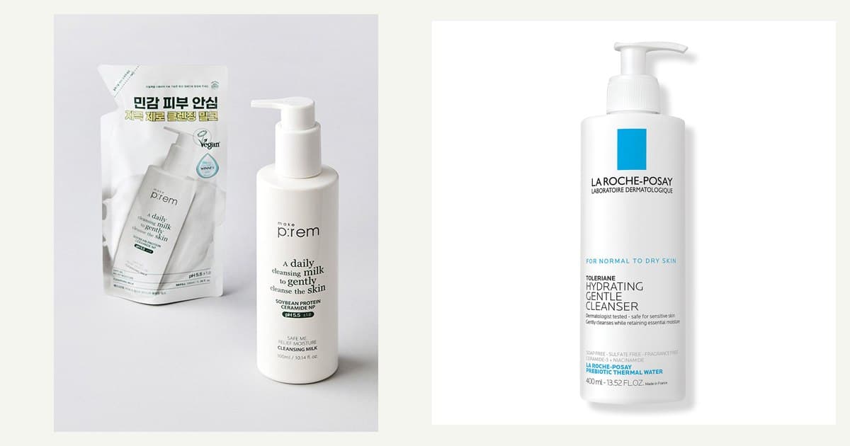 메이크프렘 클렌징 밀크와 라로슈포제 톨레리안 클렌저 나란히 배치 이미지