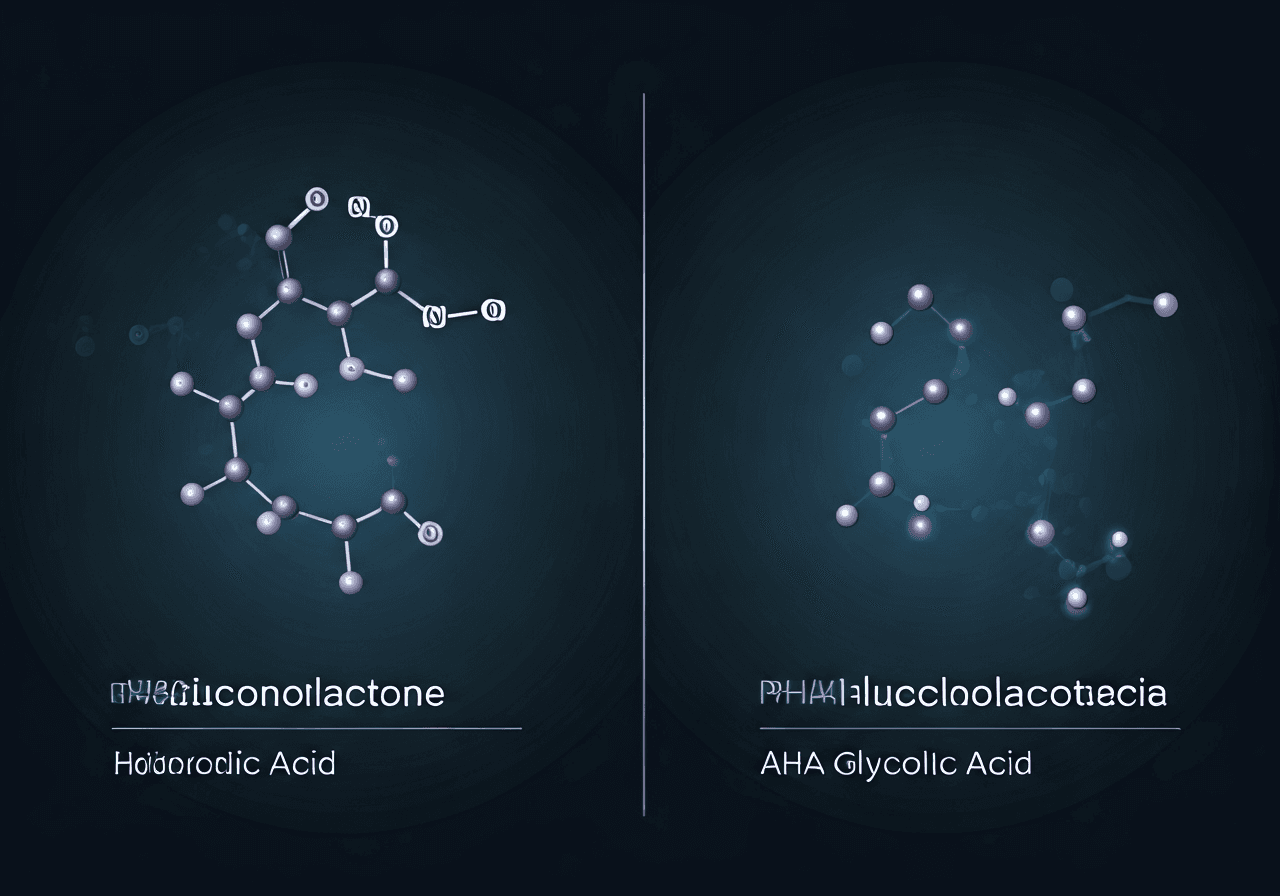 PHA 글루코노락톤 분자 구조와 AHA 비교 인포그래픽