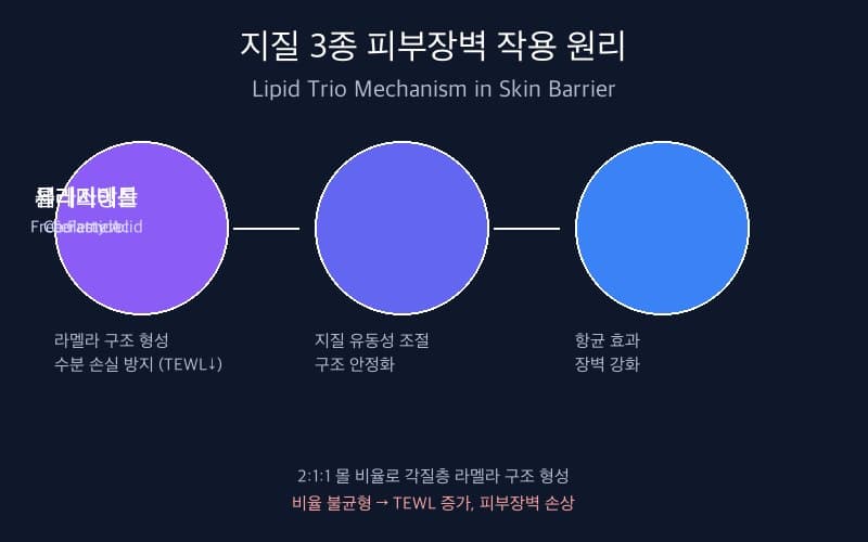 세라마이드·콜레스테롤·유리지방산 피부장벽 작용 원리 다이어그램: 라멜라 구조 및 TEWL 관계
