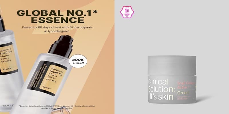 코스알엑스 Advanced Snail 96 Mucin Power Essence와 잇츠스킨 스네일 콜라겐 액티브 크림 제품 이미지